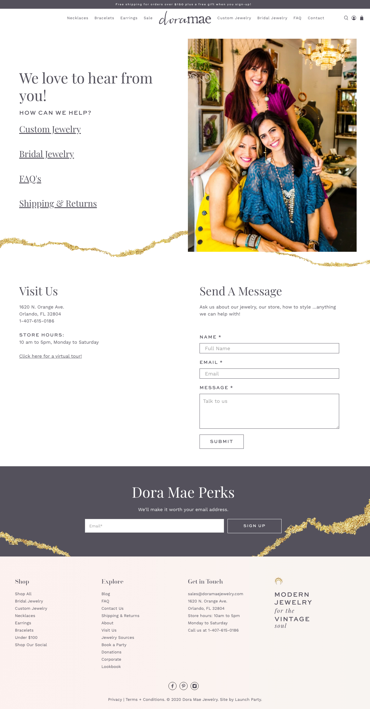 dora mae contact page new shopify site screenshot