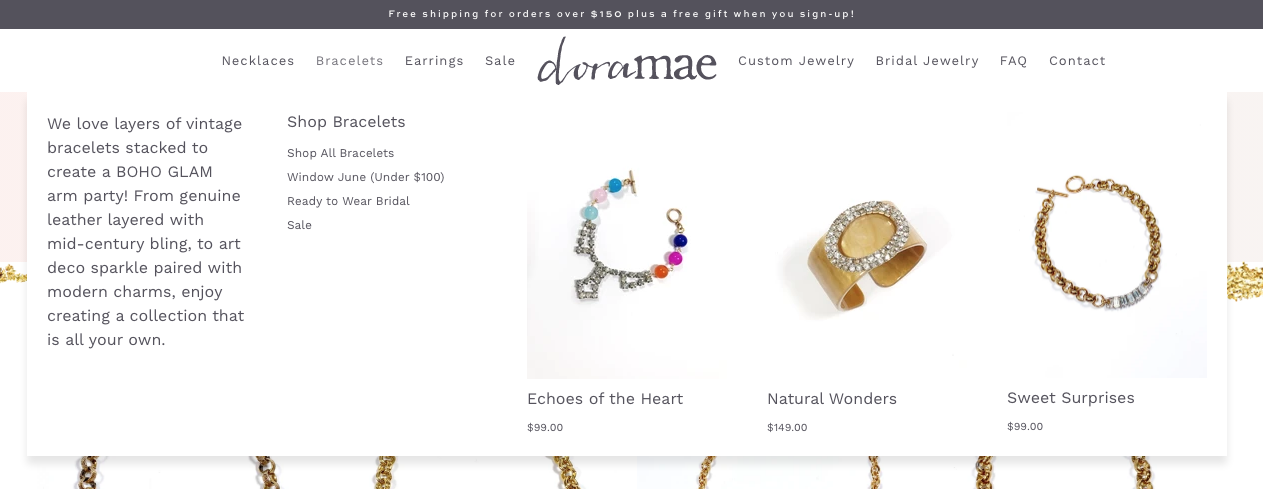 dora mae jewlelry new shopify design mega menu bracelets screenshot