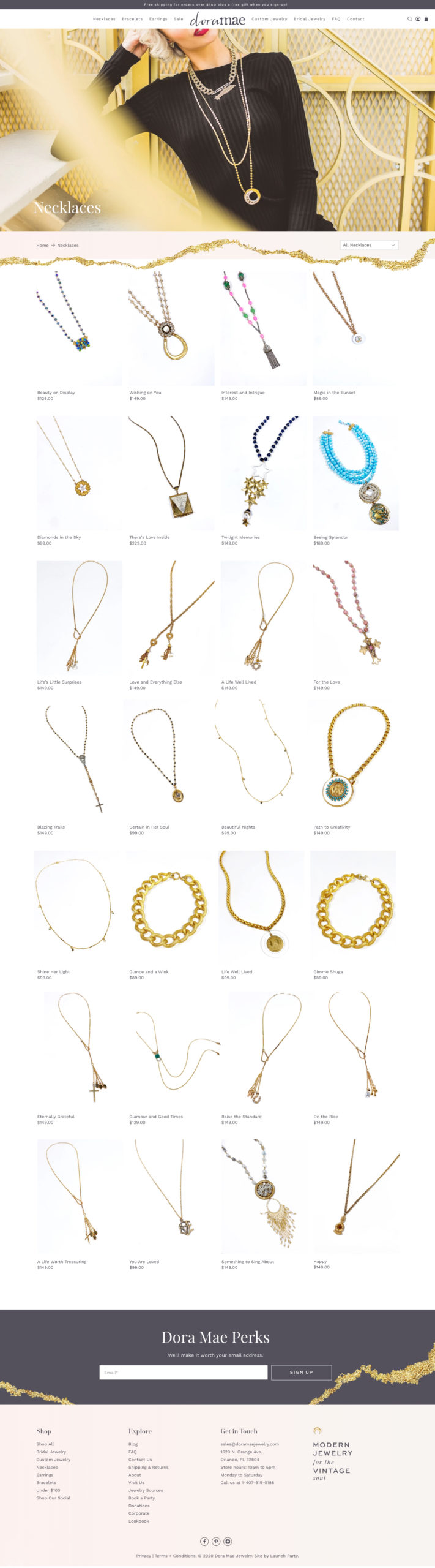 dora mae jewelry new shopify site design necklaces category page screenshot