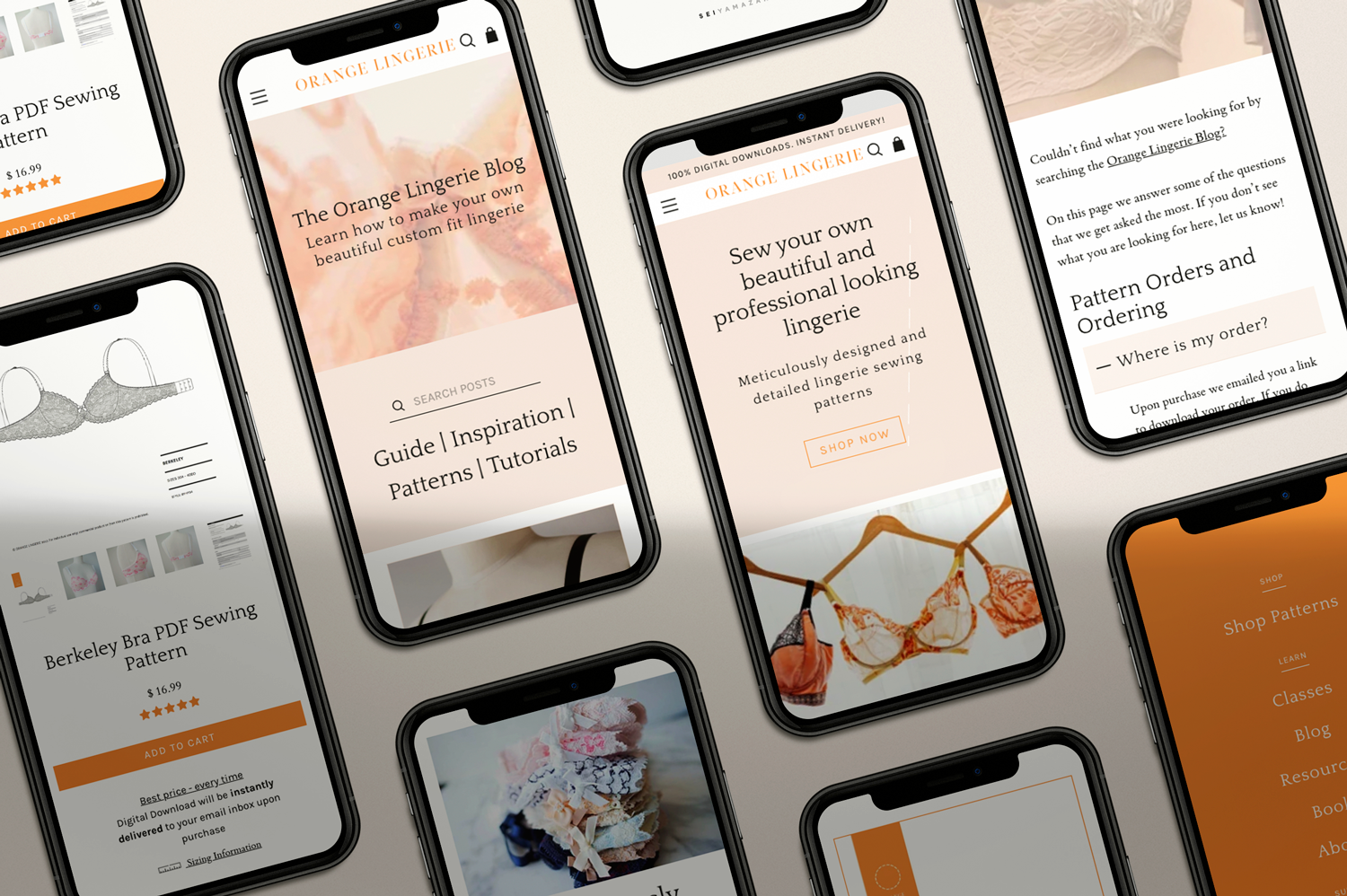 orange lingerie mobile design shows several iphones with the new website