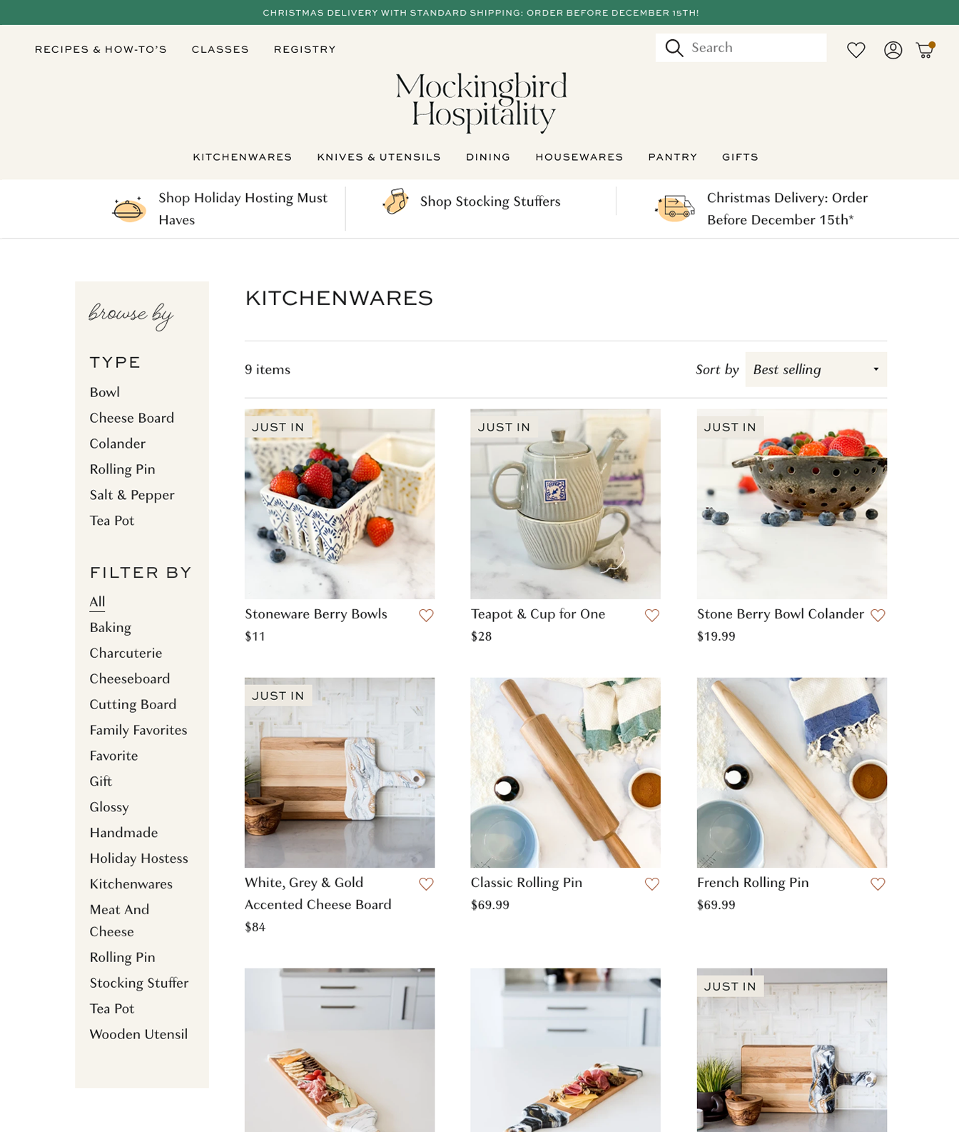 collection page template on Shopify for Mockingbird Hospitality