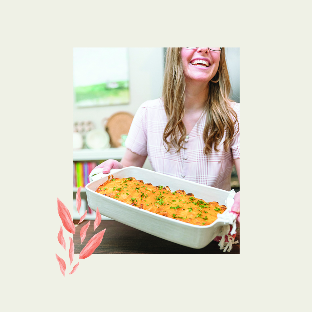 lauren with a casserole and pattern motif on top