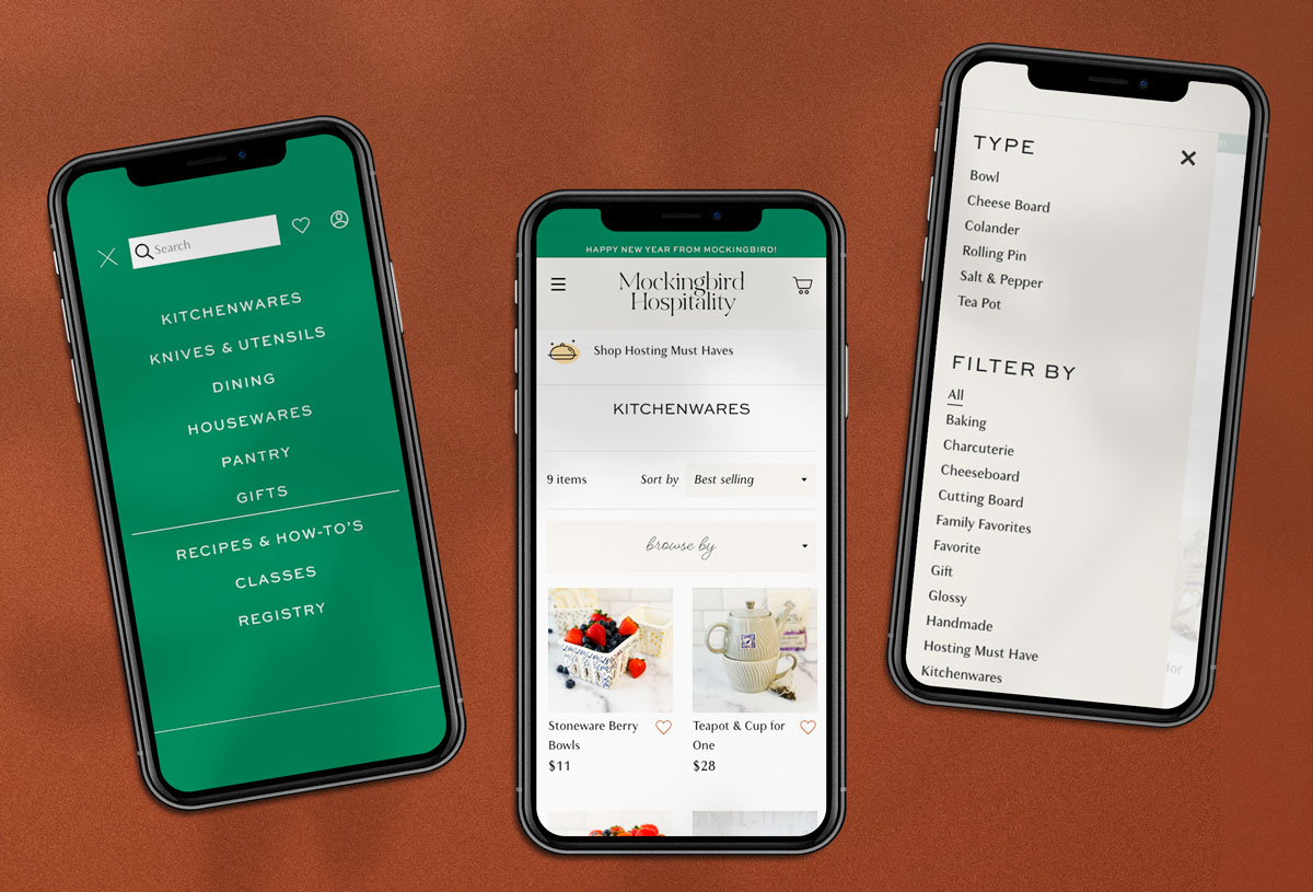 three iphones with mockingbird hospitality's website