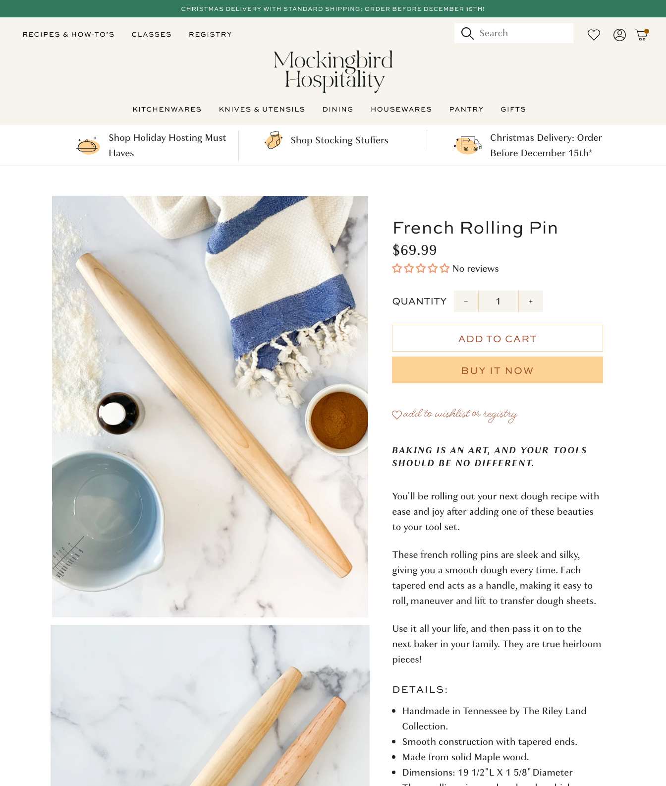 product page template on Shopify for Mockingbird Hospitality