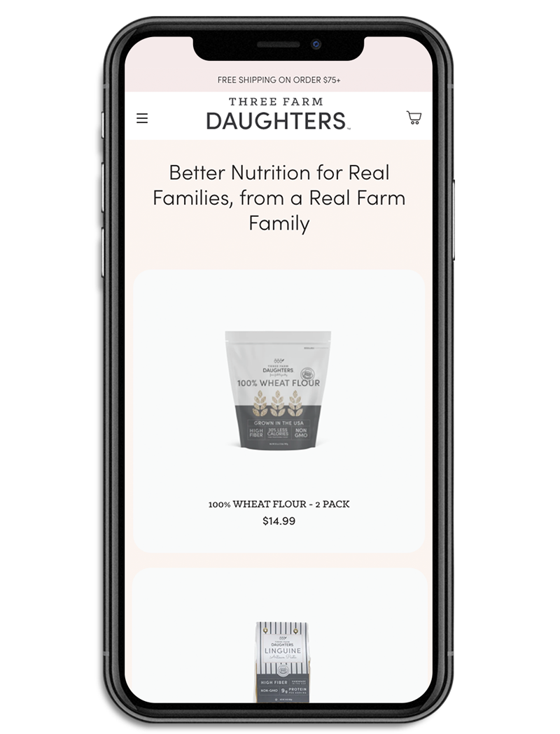 Three Farm Daughters collection template on mobile custom Shopify website mockup