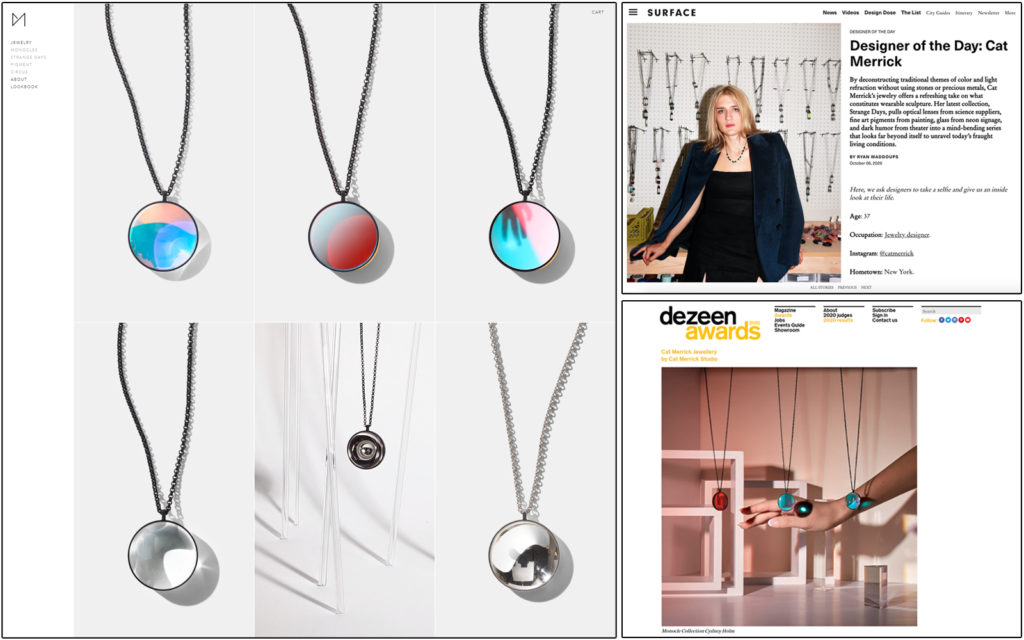 Homepage and press clippings for Jewelry designer and Wolf Craft 1-1 client Cat Merrick